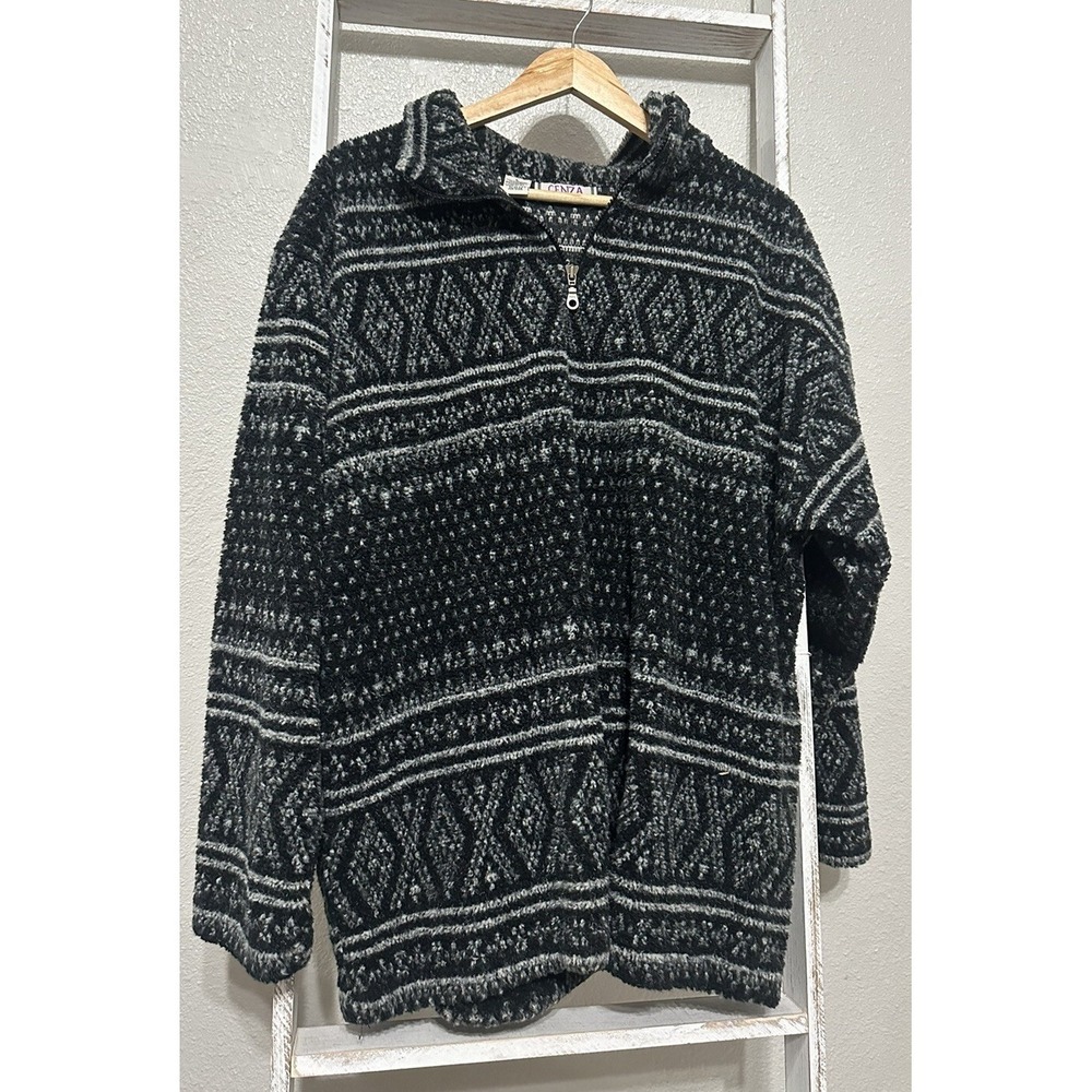 VTG Vintage Large Cenza Half Zip Pullover Sweater Black White Geometric Aztec